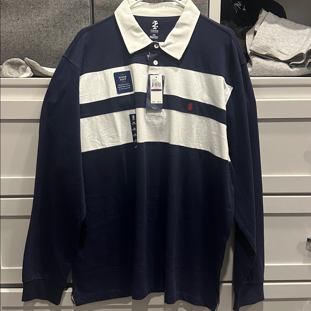 Izod Navy and White Striped Polo